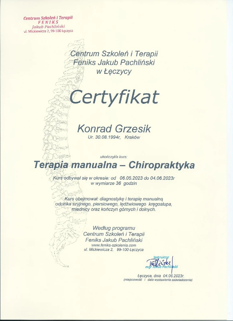 Trener personalny Konrad Grzesik z Krakowa posiada certyfikat z chiropraktyki. Trener personalny Konrad Grzesik z Krakowa posiada certyfikat z chiropraktyki.