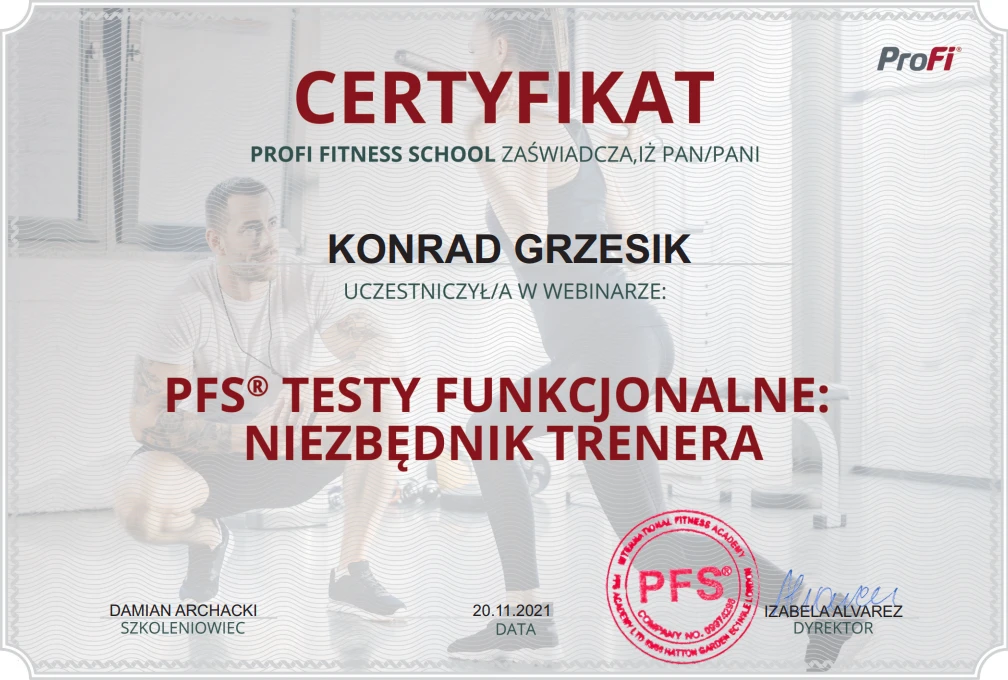 Trener personalny Konrad Grzesik z Krakowa posiada certyfikat z testów funkcjonalnych. Trener personalny Konrad Grzesik z Krakowa posiada certyfikat z testów funkcjonalnych.